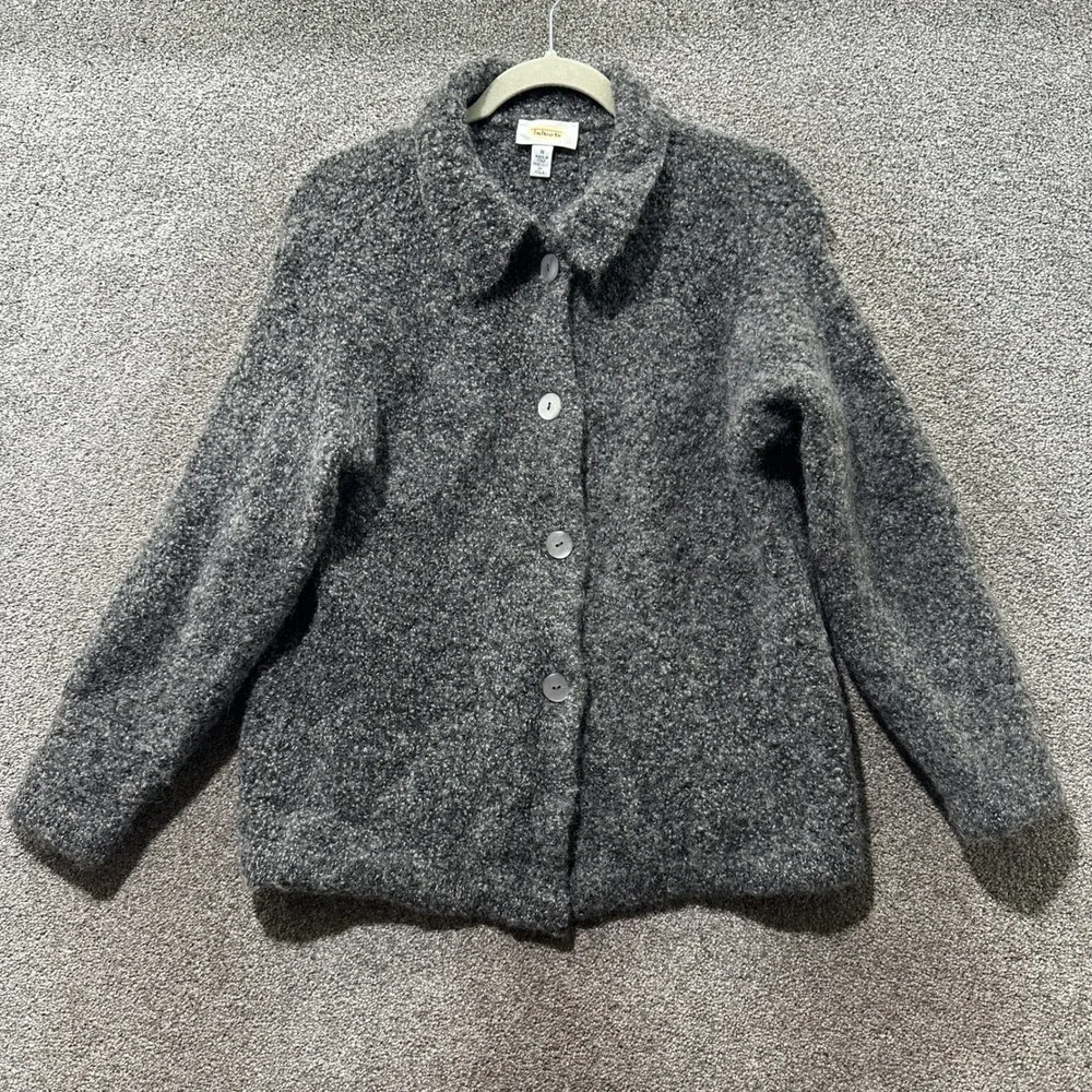Talbots Boucle Button Up Cardigan Jacket Womens Medium Gray Wool Made in Italy